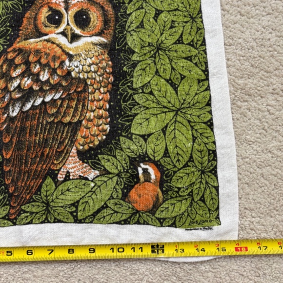Vtg Lois Lang Owls and Friends in a Tree Tea Towel, Handprinted by Kay Dee - Picture 6 of 8